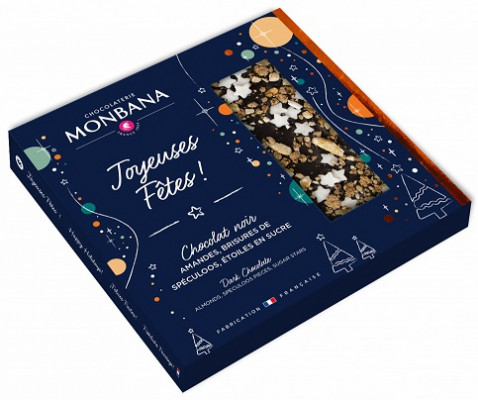 Monbana Joyeuses Fetes Horká čokoláda s mandľami, kúskami škoricových sušienok a cukrovými dekoráciami 85g 2023,tmacok