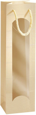 Darčeková taška krémová-zlatá s okienkom na 1 fľašu 100 x 80 x 360 mm