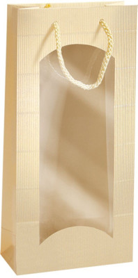 Darčeková taška krémová-zlatá s okienkom na 2 fľaše 170x85x360mm