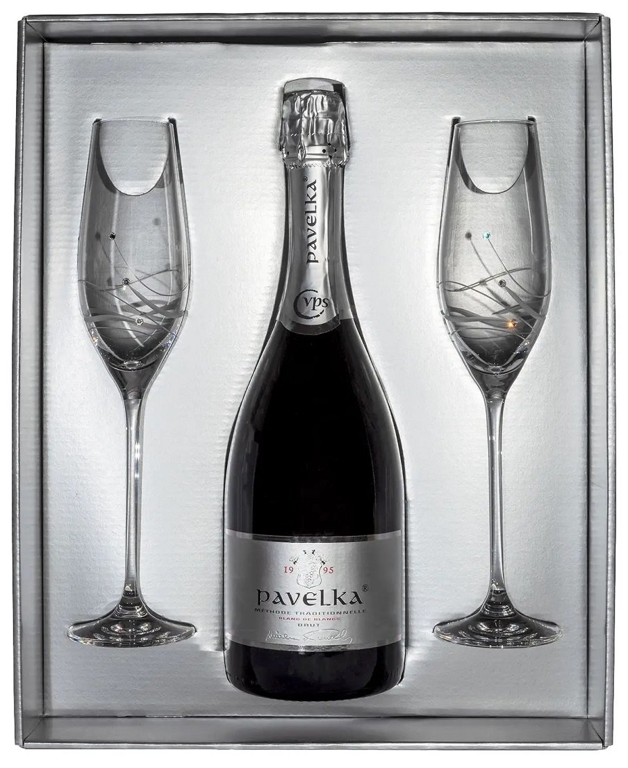 Pavelka Sekt Blanc de Blancs Brut v darčekovej kazete s 2 pohármi Swarovsky 0,75L, skt trm, bl, brut, DB