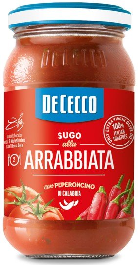 DE CECCO Sugo alla Arrabbiata, paradajková omáčka s čili papričkami, pasterizované, 200 g,sklo pohár