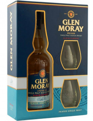Glen Moray Elgin Classic Peated Single Malt whisky 40% s 2 pohármi 0,7L, whisky, DB