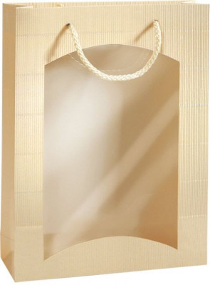 Darčeková taška krémová-zlatá s okienkom na 3 fľaše 270x85x360mm